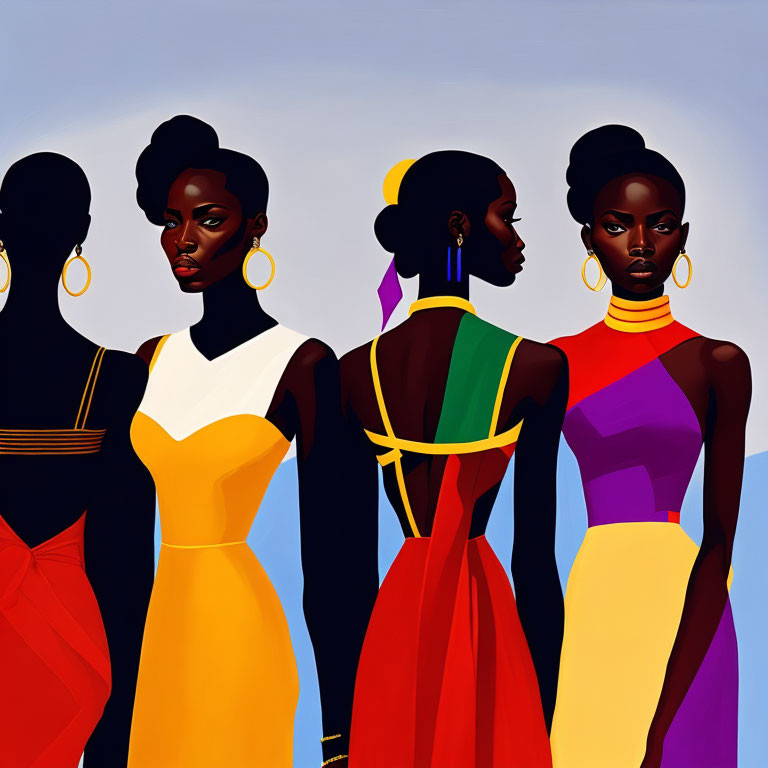 Stylized women in vibrant dresses and bold earrings