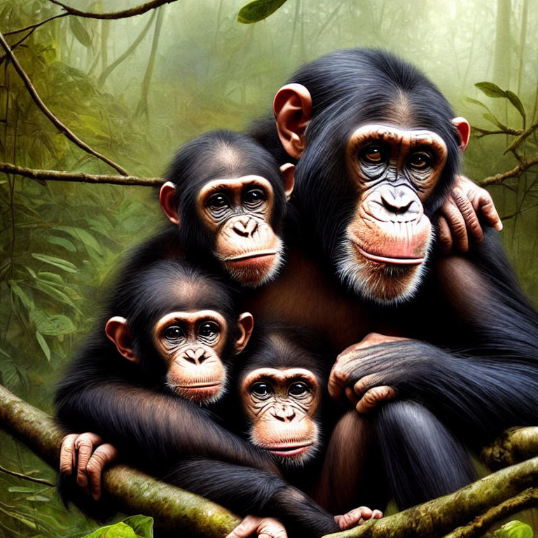 Four expressive chimpanzees huddled on lush jungle branch