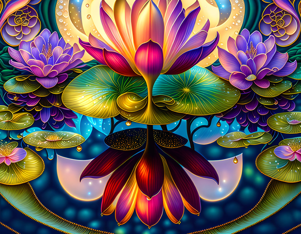 Colorful Digital Artwork: Stylized Lotus Flowers in Purple and Orange