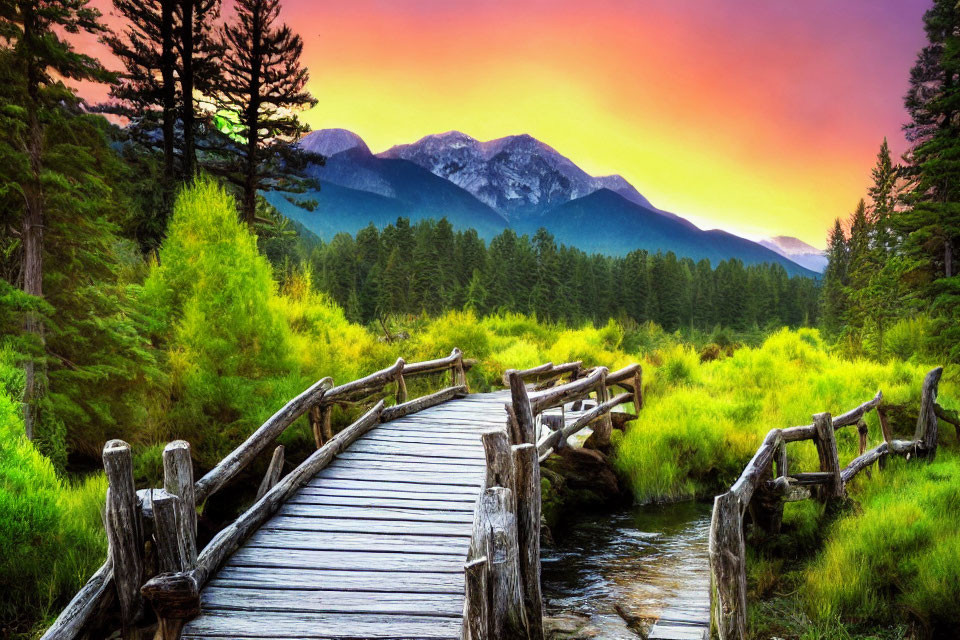 Tranquil landscape: wooden bridge over stream, lush greenery, colorful sunset.