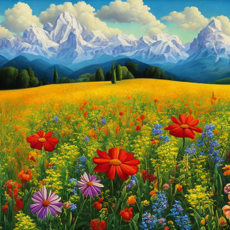 Colorful Wildflower Meadow Painting with Snow-Capped Mountains