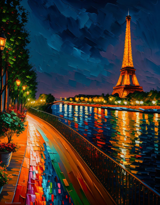 Impressionist-style painting of Eiffel Tower at night with Seine River reflections