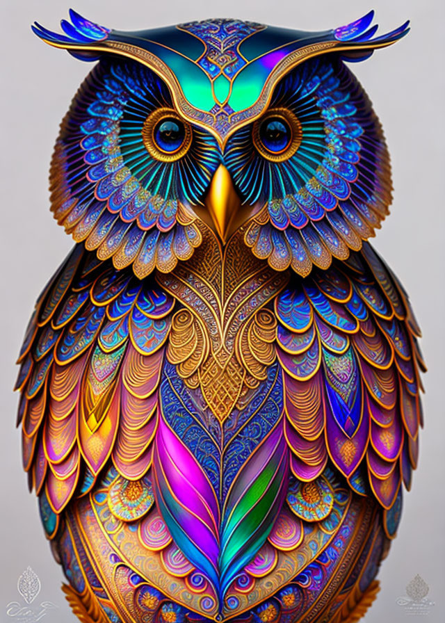 Colorful ornate owl digital artwork with intricate patterns and ethereal glow