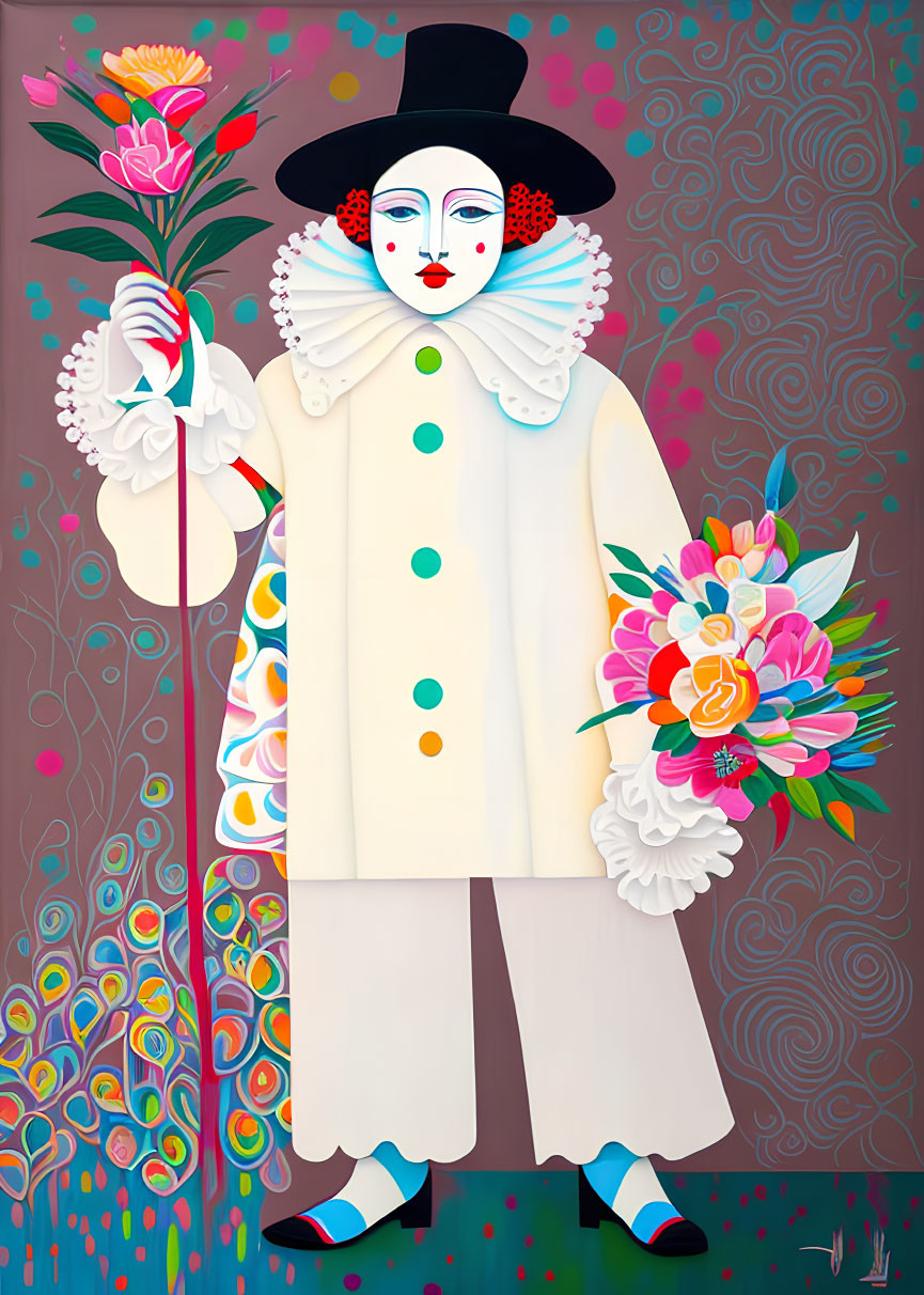 Vibrant painting of a clown-like figure with a large flower, set against a whimsical background