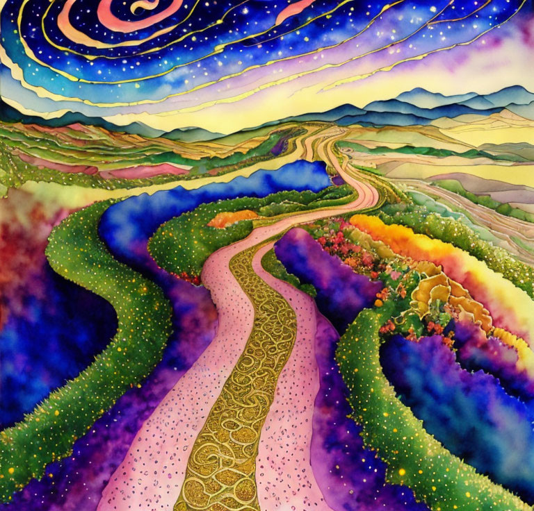 Colorful Watercolor Painting of Winding Path Through Stylized Hills