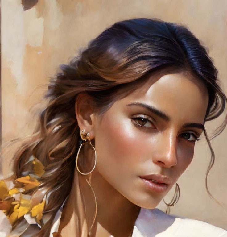 Portrait of woman with tanned skin, dark hair, blue highlights, hoop earrings, and yellow flowers