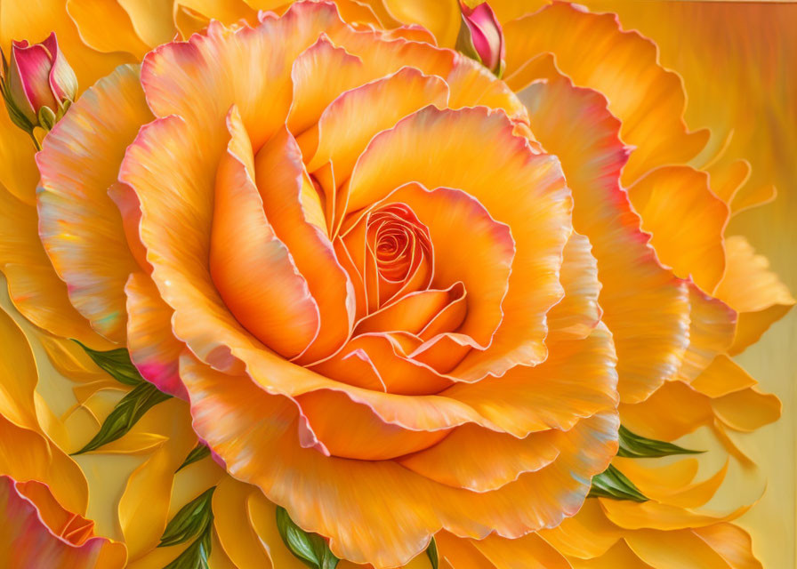 Vibrant orange-yellow rose with delicate petals in soft-focus setting