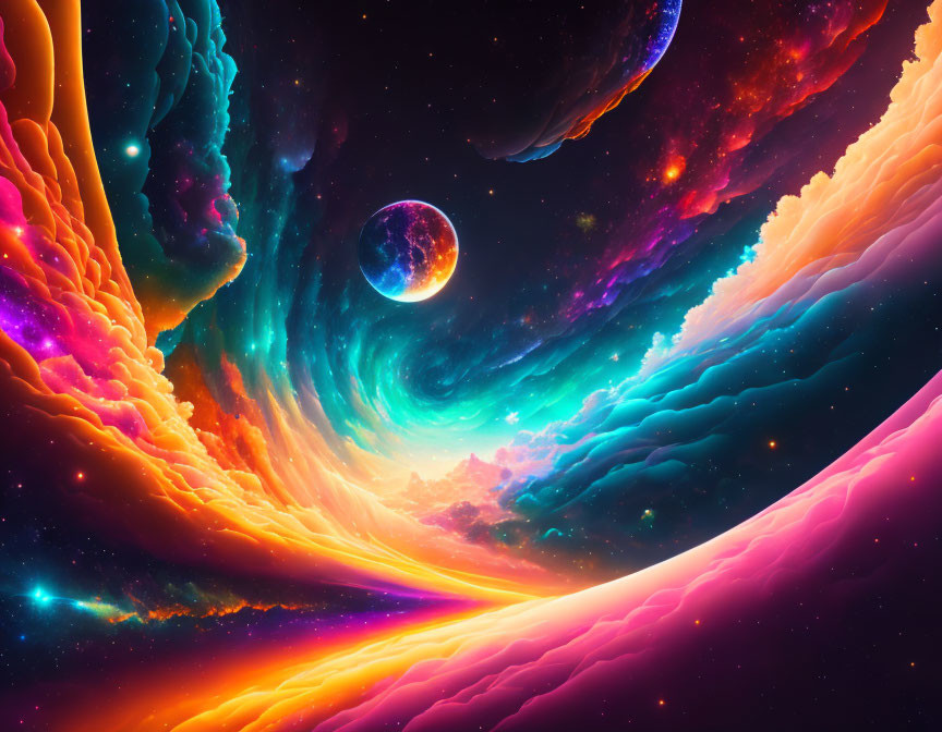 Colorful digital artwork of cosmic scene with neon swirls and celestial bodies