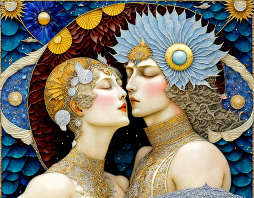 Illustration of man and woman in embrace with elaborate headdresses against cosmic backdrop