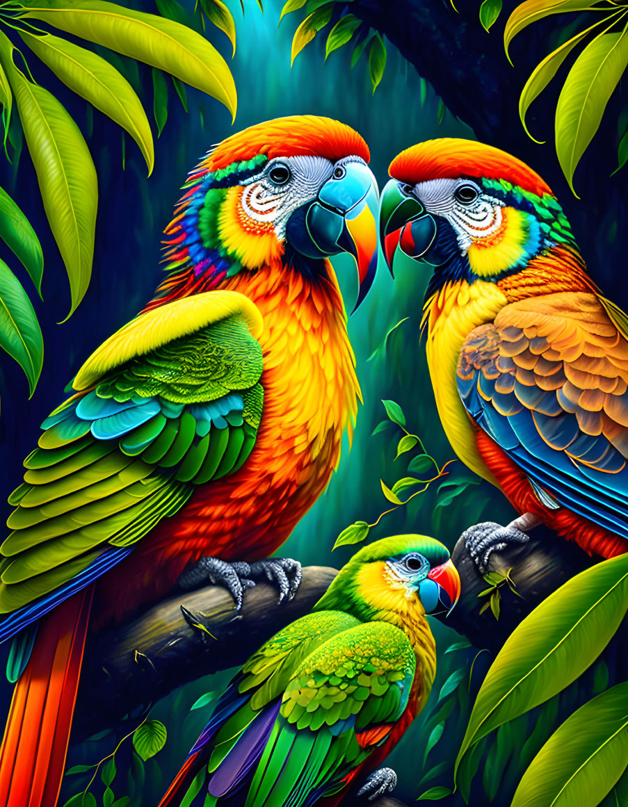 Colorful Parrots Among Green Leaves: Vibrant Illustration of Three Birds, Two Facing Each Other