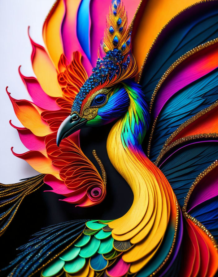 Colorful Paper Art Sculpture of Peacock with Intricate Feather Details