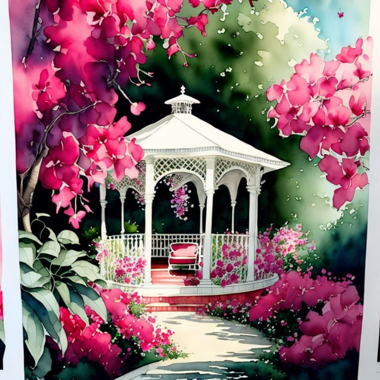 Illustrated gazebo with pink flowers and greenery, bench under shaded canopy