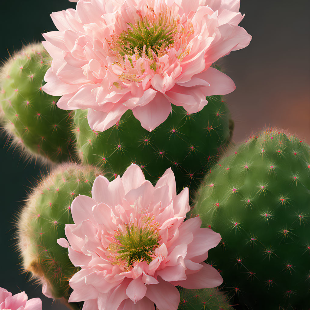 Colorful Pink Flowers Blooming on Green Cacti