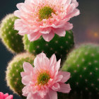 Colorful Pink Flowers Blooming on Green Cacti