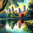 Autumn park painting with skyscrapers, lake reflection, and sunny sky
