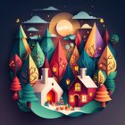 Whimsical village illustration with pointed rooftops under night sky