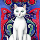 White Cat with Green Eyes and Butterfly Wings in Colorful Fantasy Scene