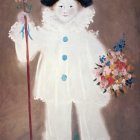 Vibrant painting of a clown-like figure with a large flower, set against a whimsical background