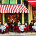 European Cafe Scene with Outdoor Dining, Colorful Façade, Striped Awning, Cobble