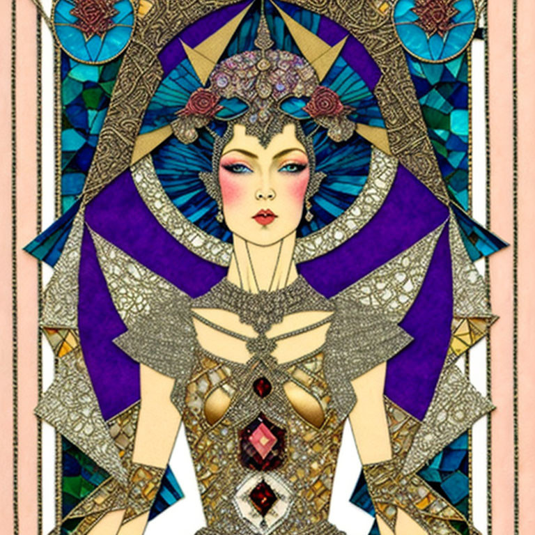 Detailed Art Nouveau style illustration of a woman with jeweled headpiece and ornate attire.