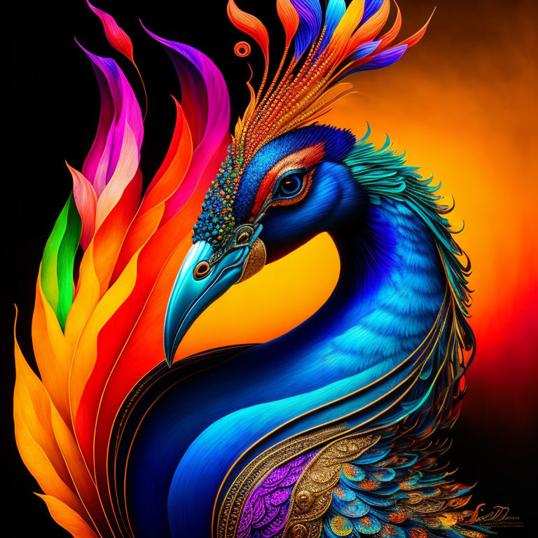 Colorful Peacock Digital Artwork with Vibrant Blue Body