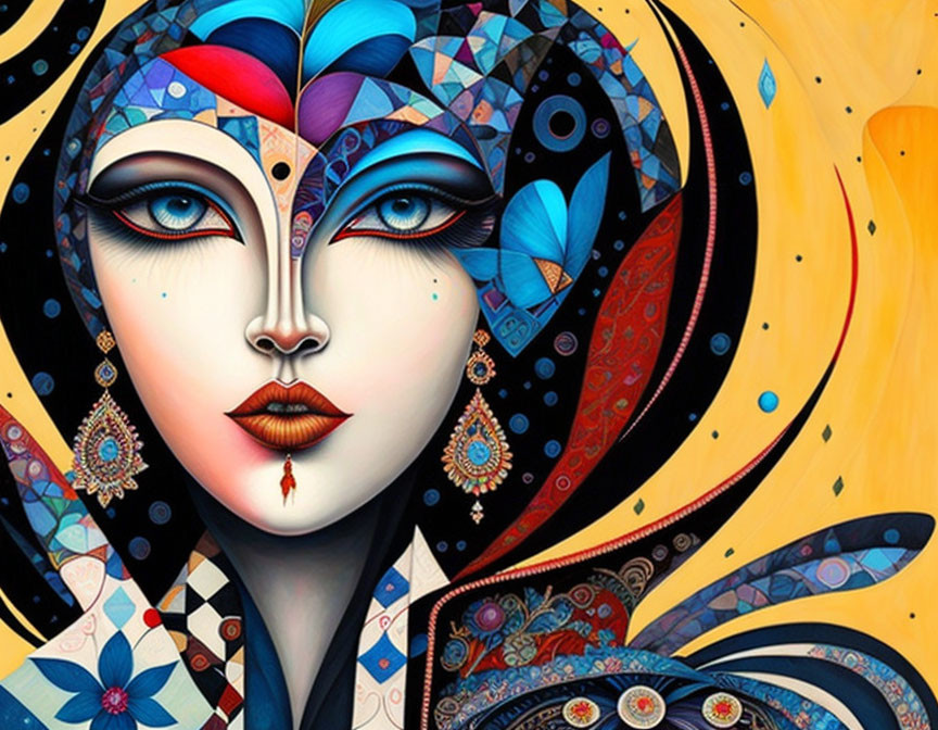 Colorful Stylized Woman's Face Artwork with Symmetrical Patterns