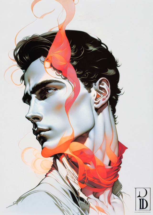 Profile view illustration of a man with red smoke-like ribbons on neutral backdrop