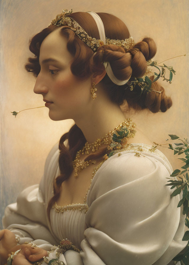 Elaborate Hairstyle and Gold Jewelry on Woman in White Dress