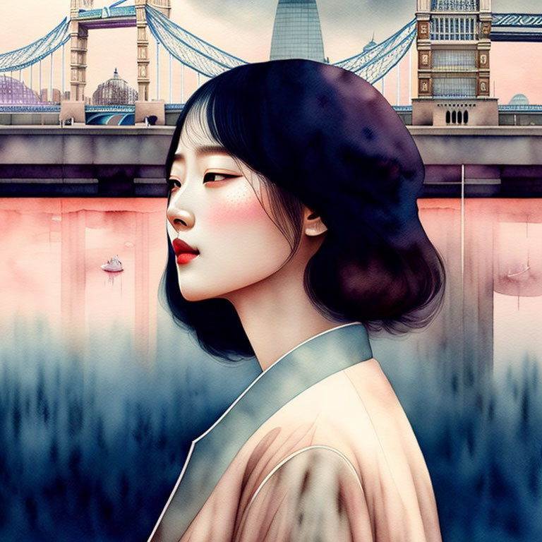 Profile of serene Asian woman with cityscape backdrop