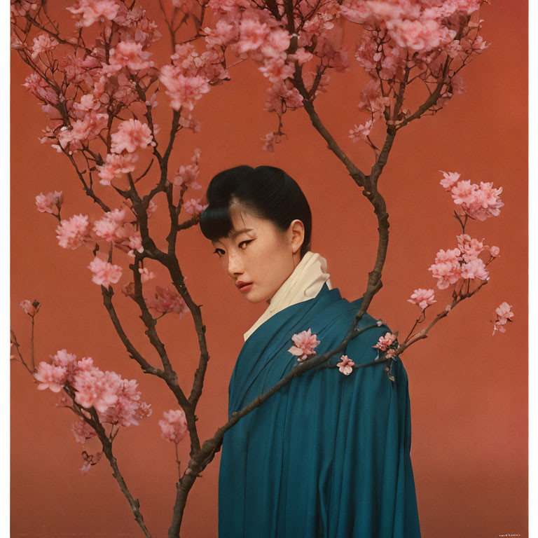 Traditional teal outfit woman poses by pink cherry tree on red background