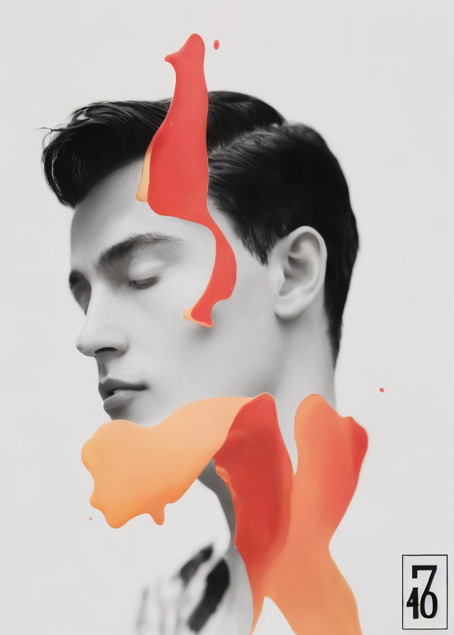 Male side profile with vibrant orange paint splashes on face and neck