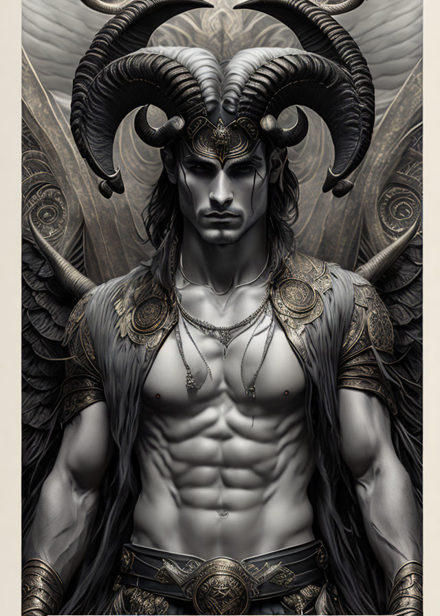 Muscular male figure with spiral horns in ornate armor against intricate backdrop