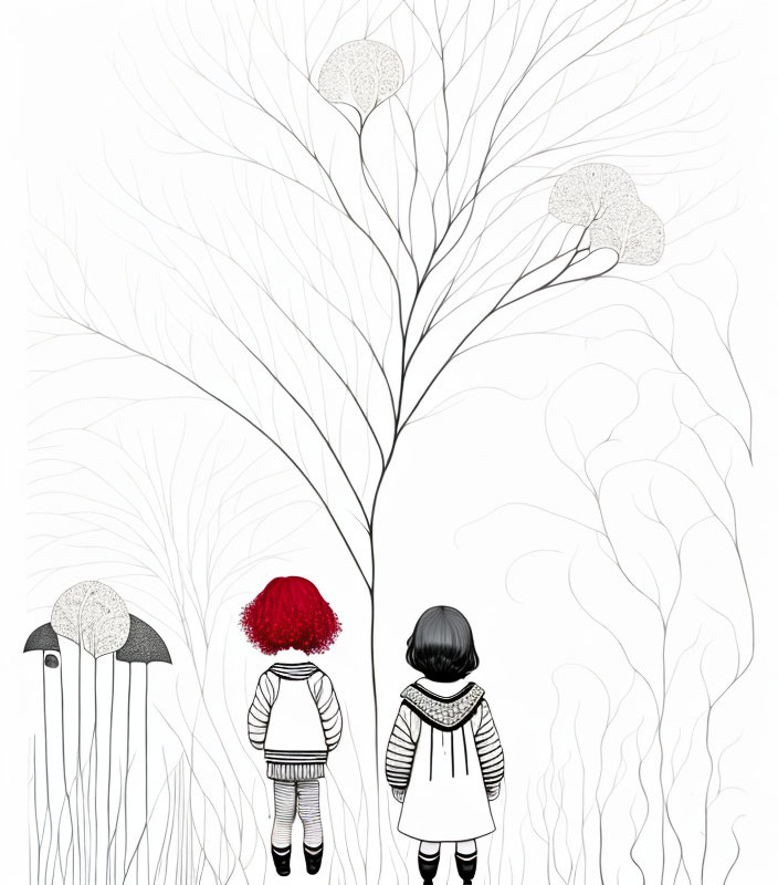 Illustrated children among tall stylized plants with dandelion-like tops