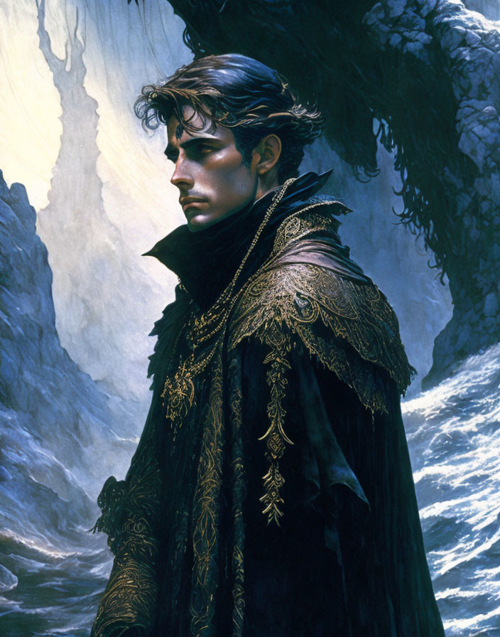 Illustrated male figure in gold-embroidered black cape against dramatic cliffs and sky.