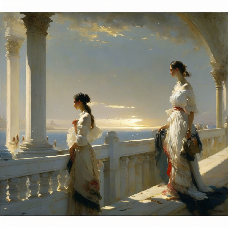 Two women in vintage attire on balcony overlooking sea at sunset