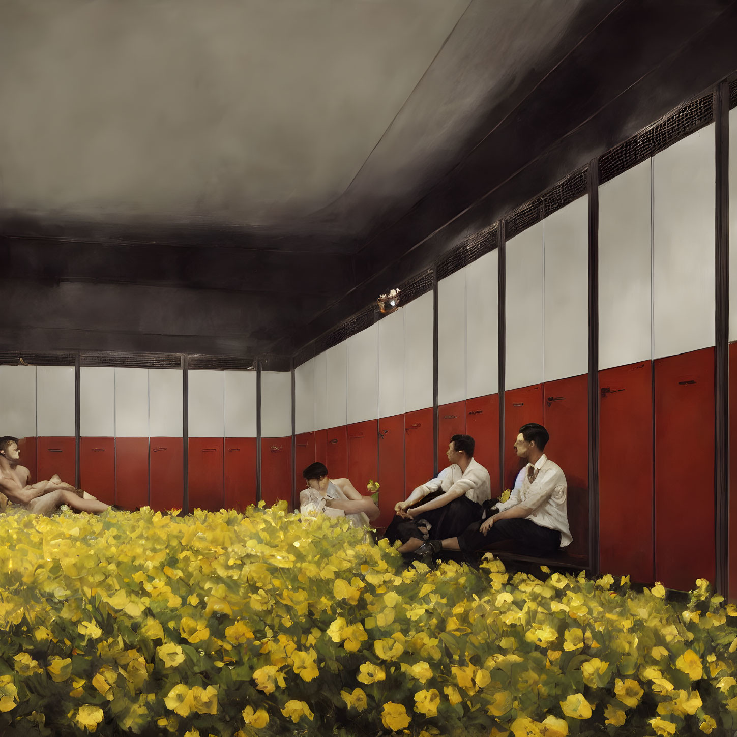 Individuals in surreal room with yellow flowers and red lockers