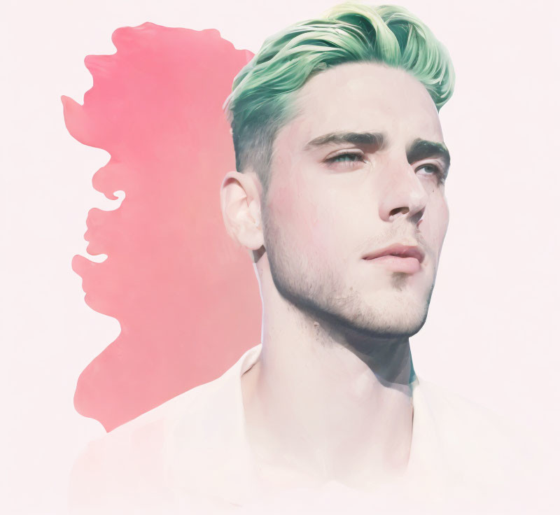 Person with Green Hair & Pink Silhouette Profile Illustration