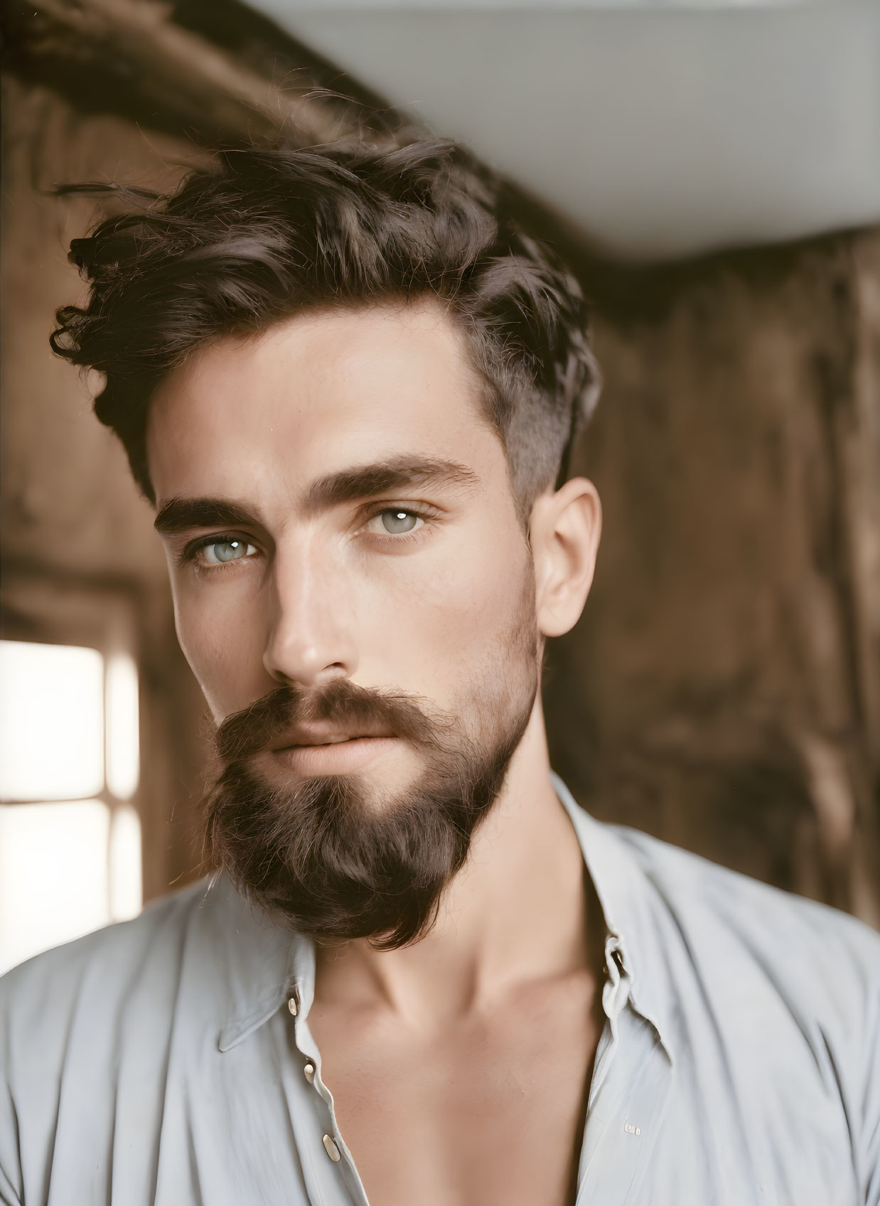 Man with well-groomed beard and thick eyebrows in light shirt, gazing intently.