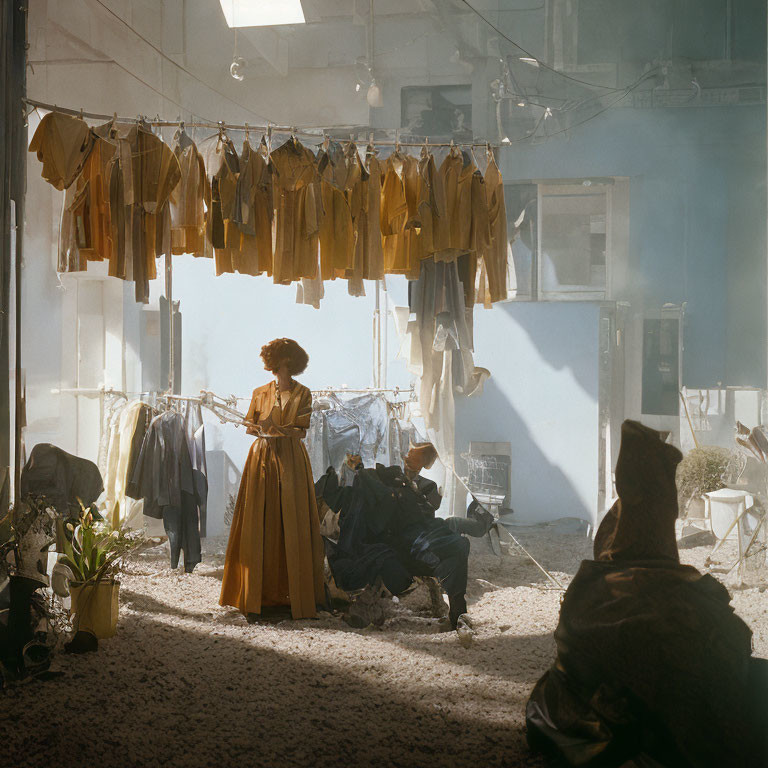 Vintage-dressed woman in sunlit room with hanging garments and seated figures.