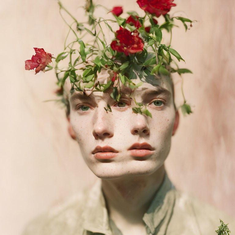 Portrait of a person with freckles in a green shirt with floral headpiece