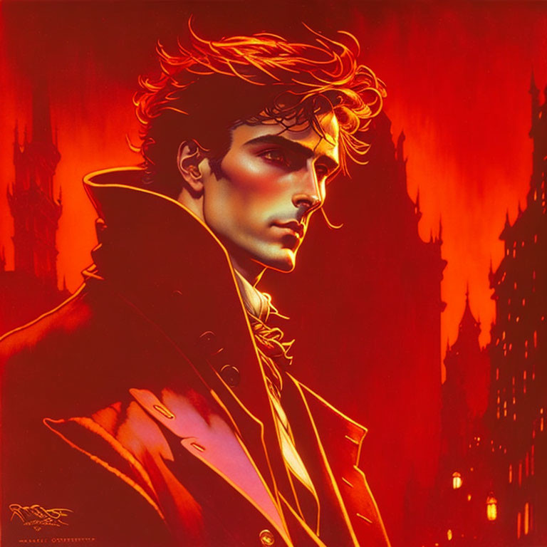 Stylized illustration of man in high-collared coat against fiery backdrop