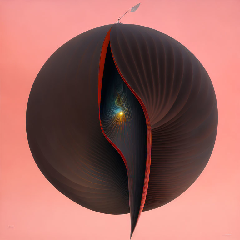 Digital artwork: Spherical shape with earthy layers, red crevice, glowing core, delicate leaf