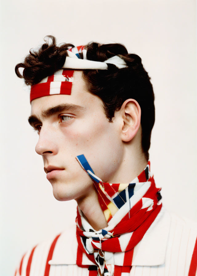 Curly-Haired Young Man in Bandana and Striped Garment