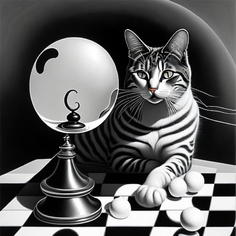 Black and white striped cat on checkerboard floor with crystal ball, yarn balls, and moon.