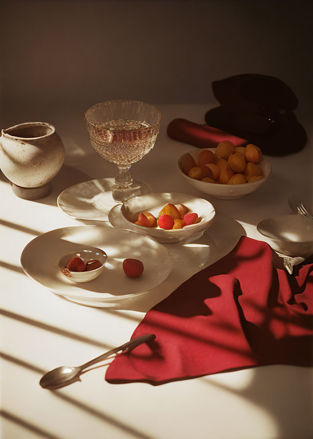 Classic Still Life with Fruit, Glass, Jug, and Red Fabric