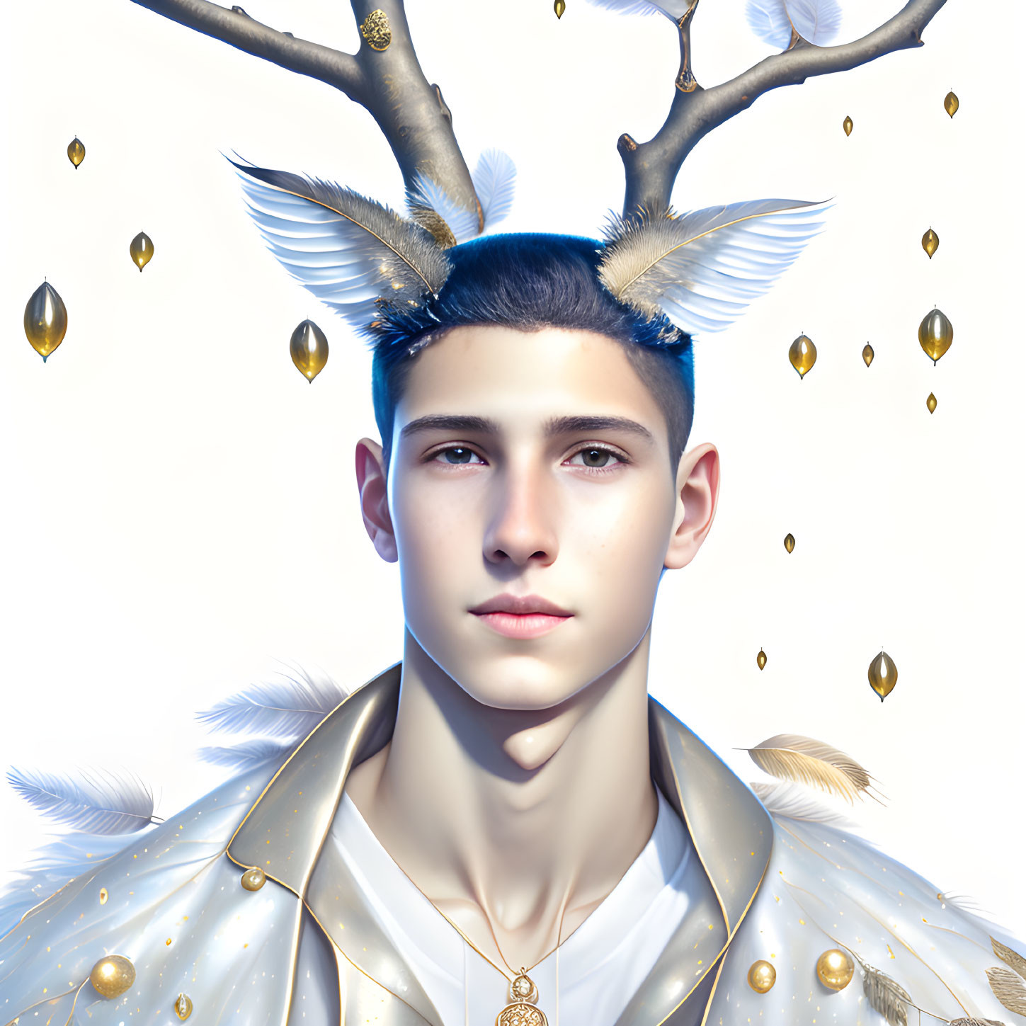 Young man with antlers and ornate collar in digital art