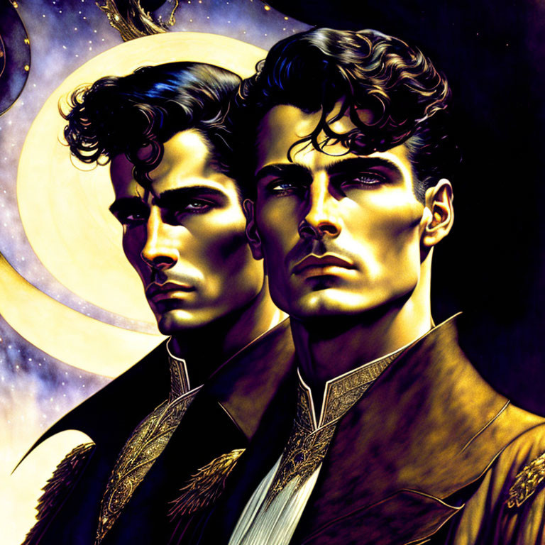 Identical men in ornate military jackets under full moon