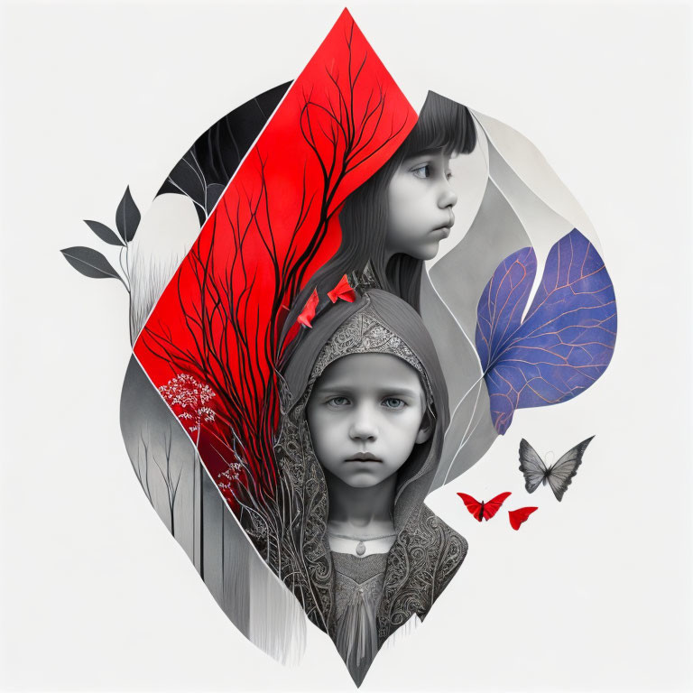 Grayscale and Red Portrait Collage with Botanical and Butterfly Motifs