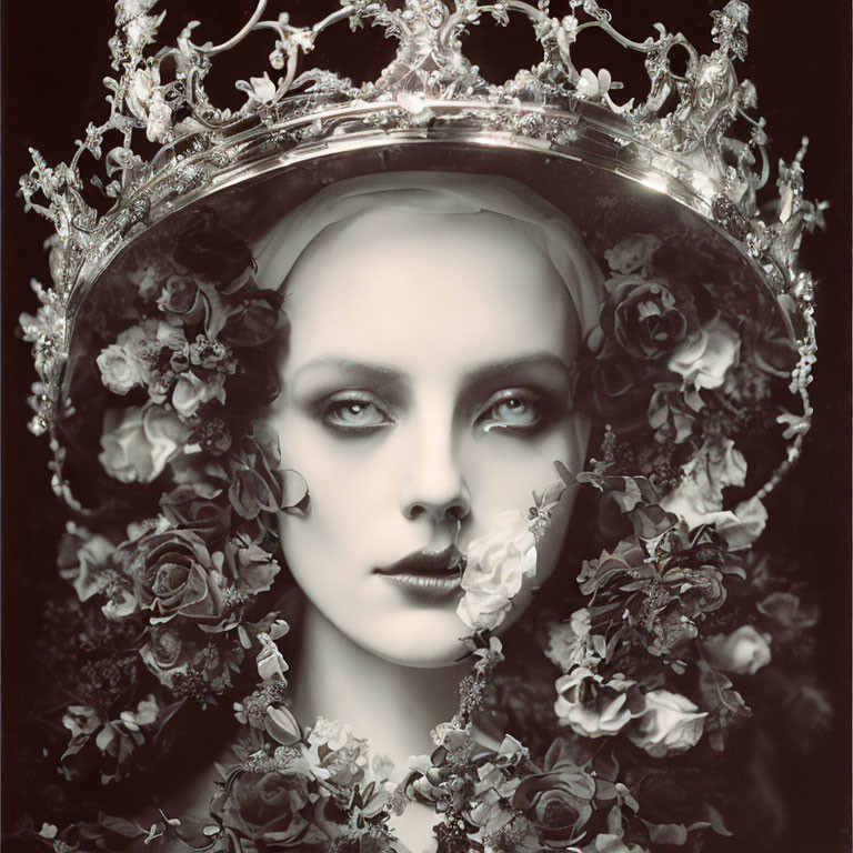 Monochromatic portrait person with crown and dark roses.