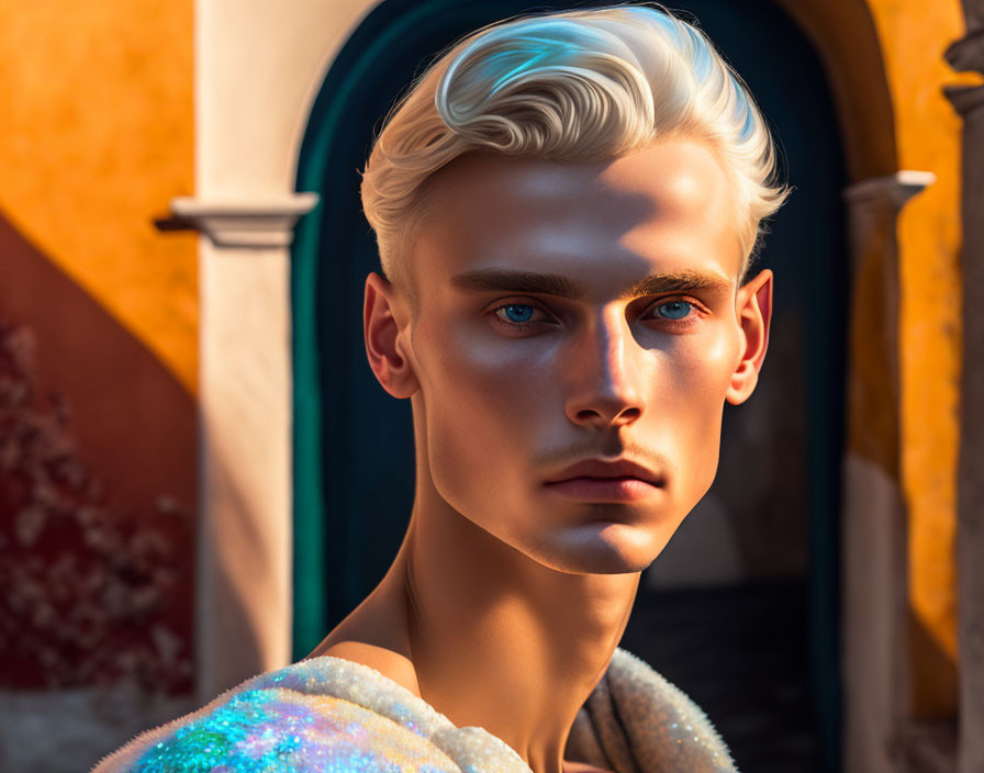 Male digital art portrait: blue-eyed figure with platinum hair in shimmering garment against warm architectural backdrop